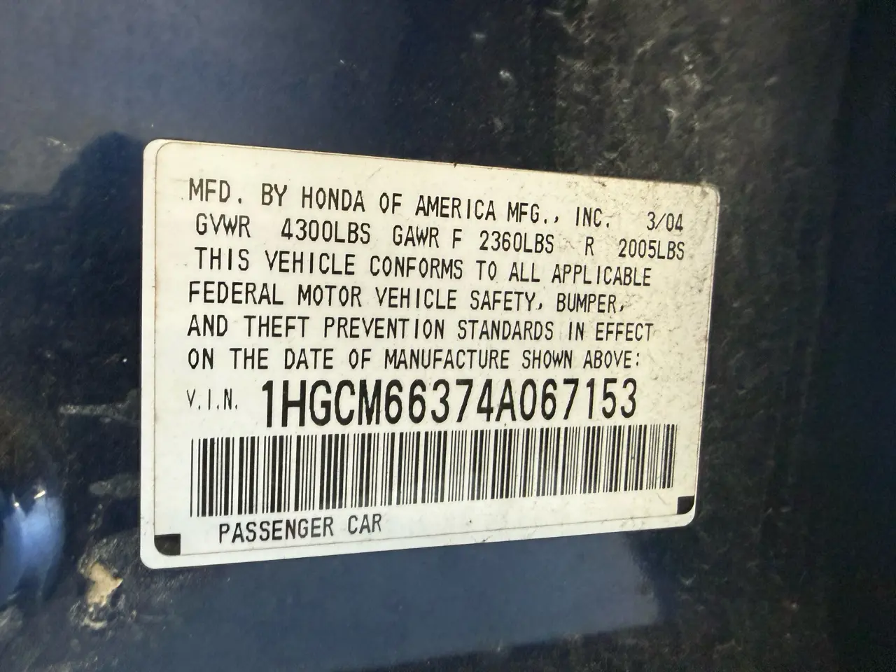 2004 Honda Accord Sdn LX Auto V6